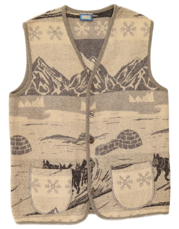 Suéter cardigã vintage masculino gráfico sem mangas lã cinza médio