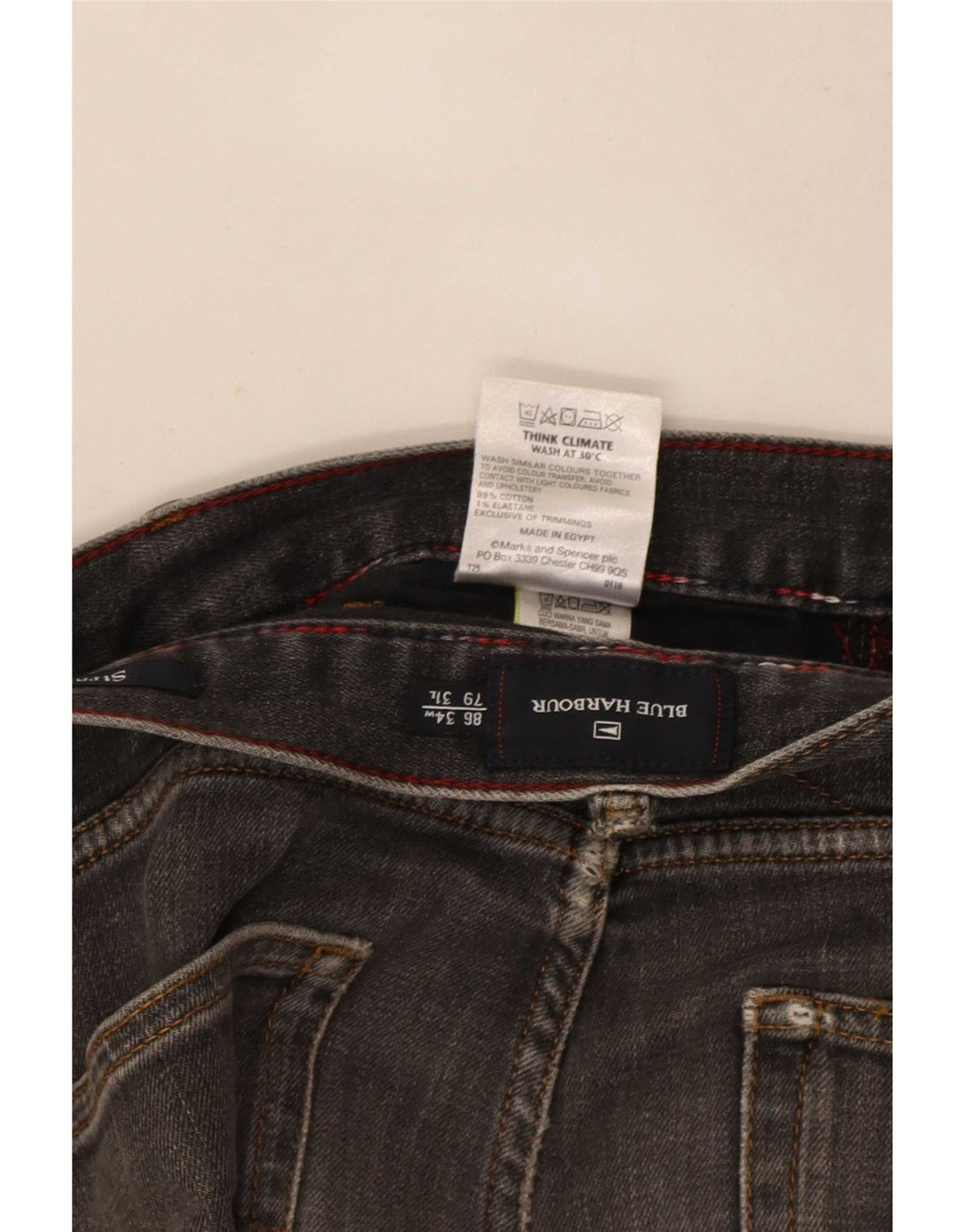 Calça jeans reta masculina Marks & Spencer Blue Harbor W34 L29 algodão cinza