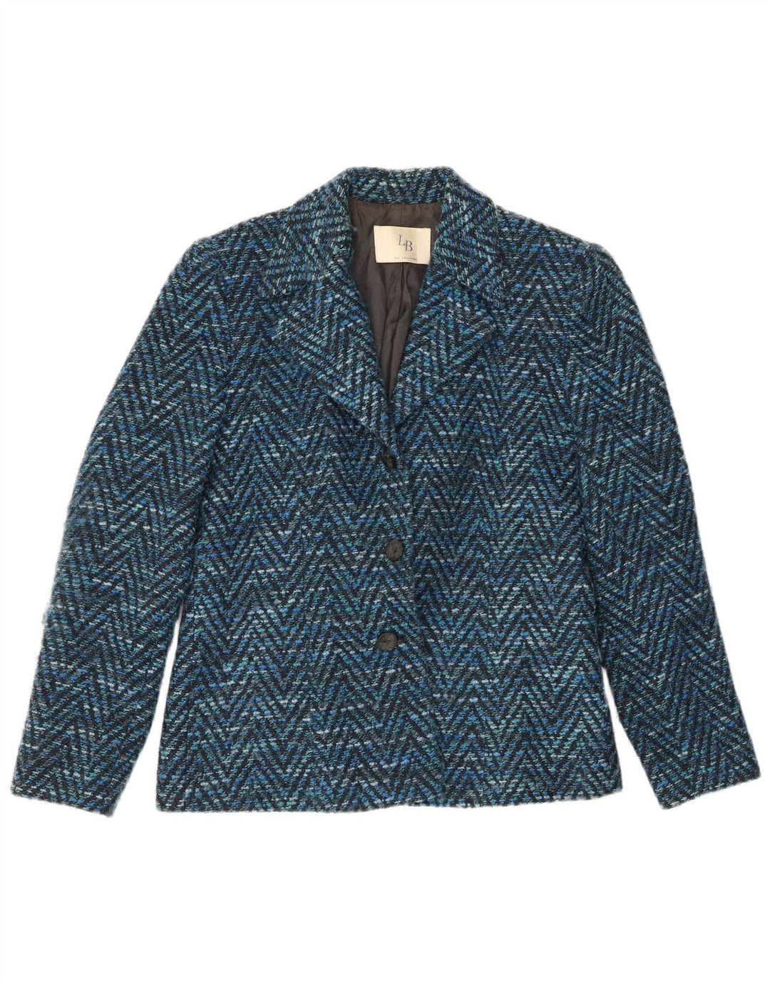 Jaqueta blazer feminina VINTAGE com 3 botões Reino Unido 14 lã chevron azul médio