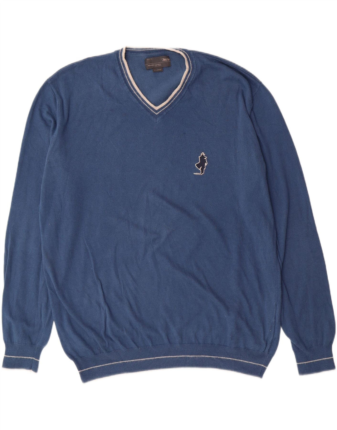 MARLBORO CLASSICS Mens V-Neck Jumper Sweater XL Blue Cotton Vintage Marlboro Classics and Second-Hand Marlboro Classics from Messina Hembry 