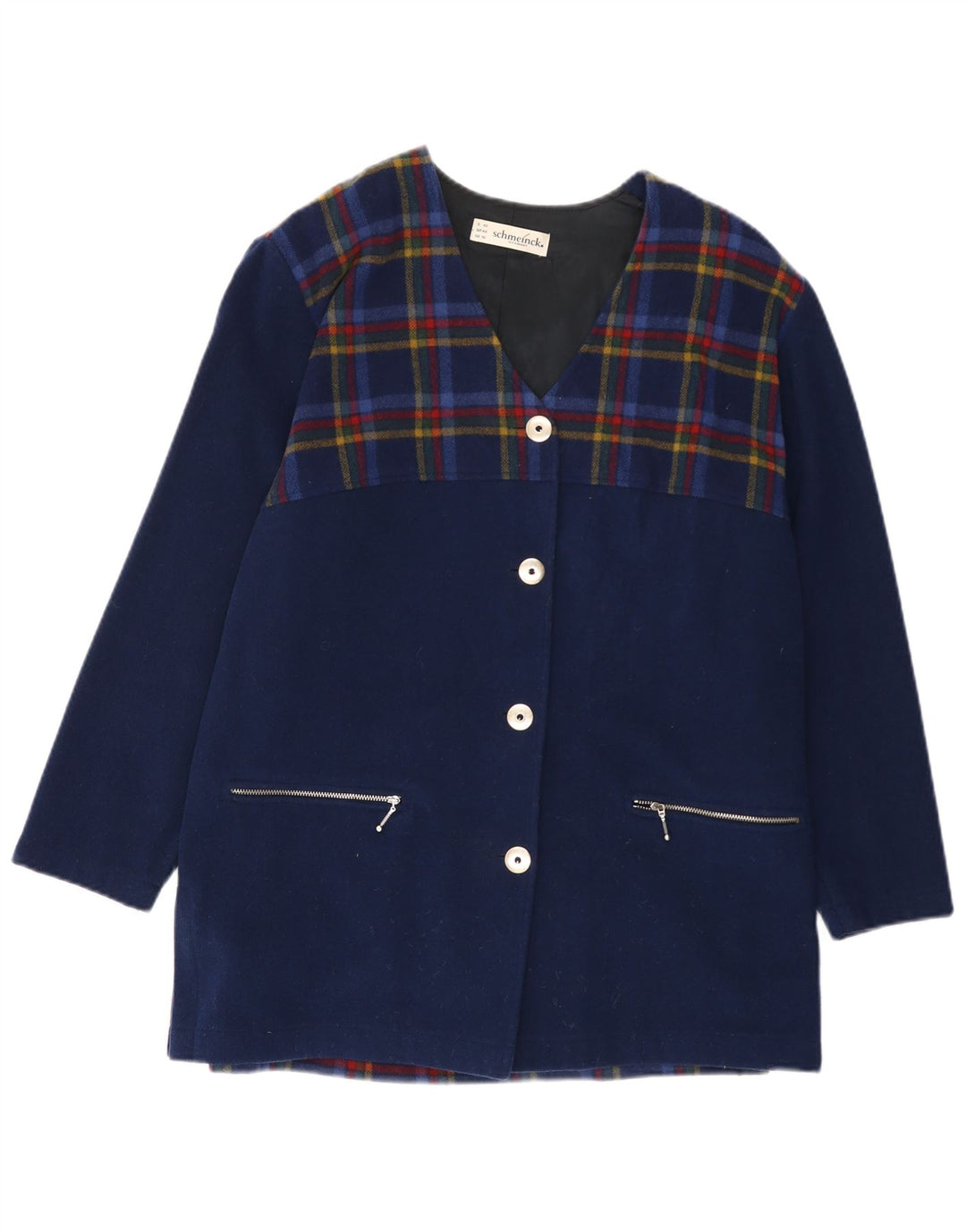 Sobretudo feminino SCHMEINCK Reino Unido 16 grande lã xadrez azul marinho