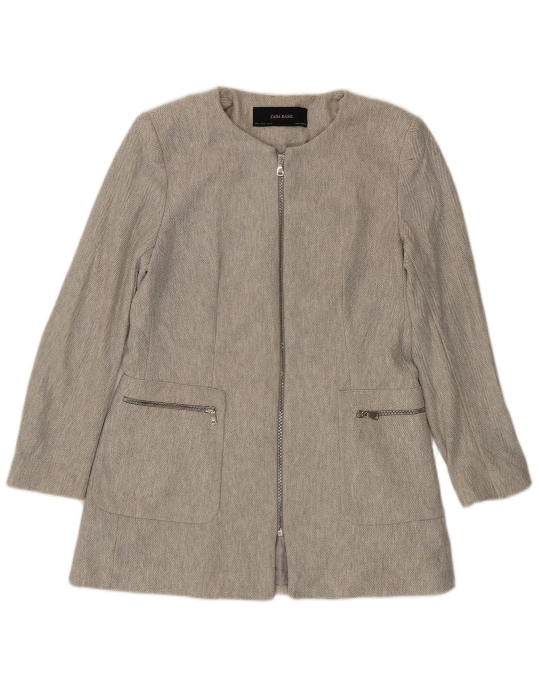 Jaqueta blazer feminina Zara com zíper completo Reino Unido 18 XL cinza espinha de peixe algodão