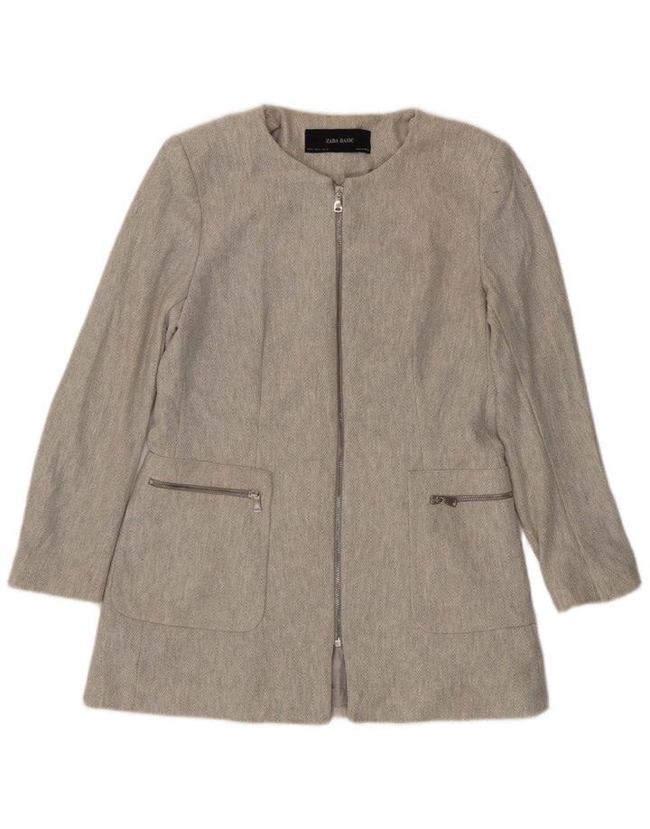 Jaqueta blazer feminina Zara com zíper completo Reino Unido 18 XL cinza espinha de peixe algodão