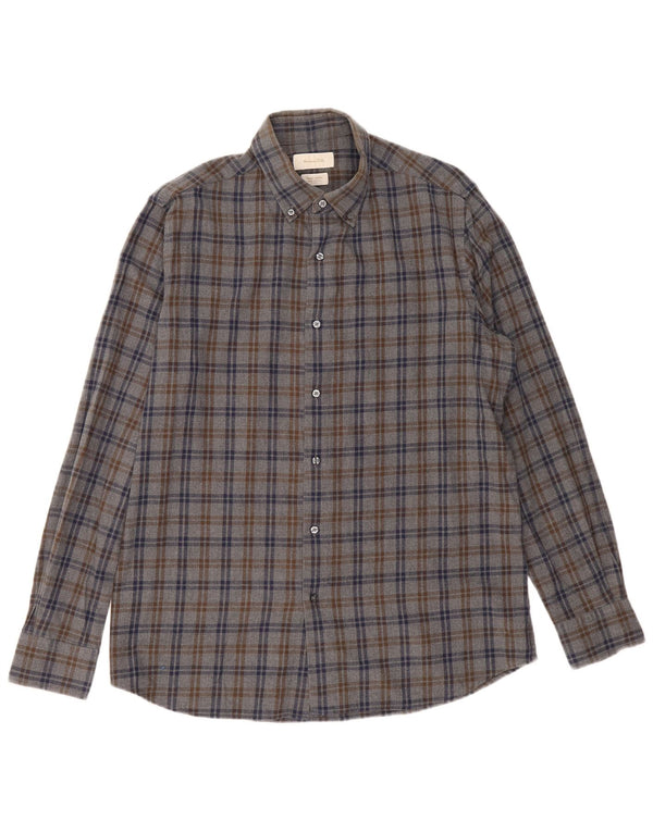 Camisa masculina de flanela Massimo Dutti grande algodão xadrez cinza para Halloween
