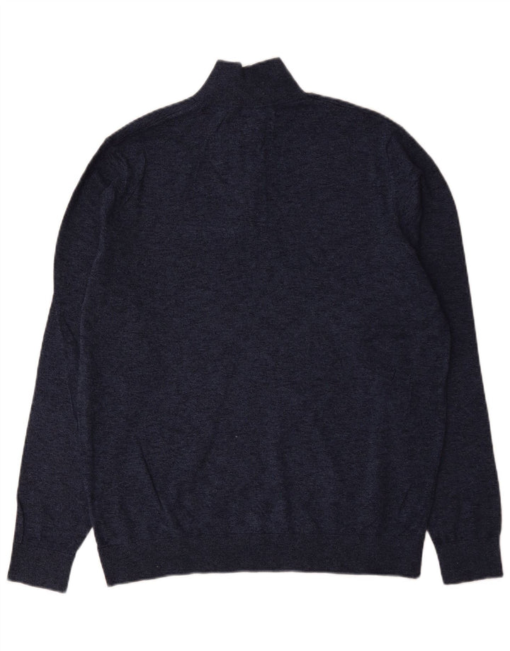 Suéter masculino Marks & Spencer com zíper e gola alta de algodão manchado azul marinho