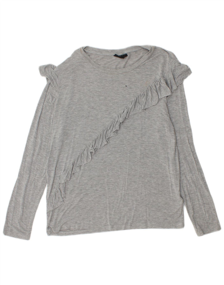 Topshop feminino com babado frontal manga comprida Reino Unido 12 cinza médio manchado
