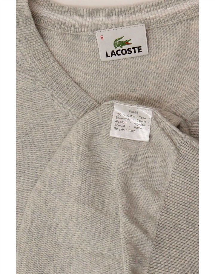 Suéter masculino Lacoste com decote em V tamanho 5 grande algodão manchado cinza
