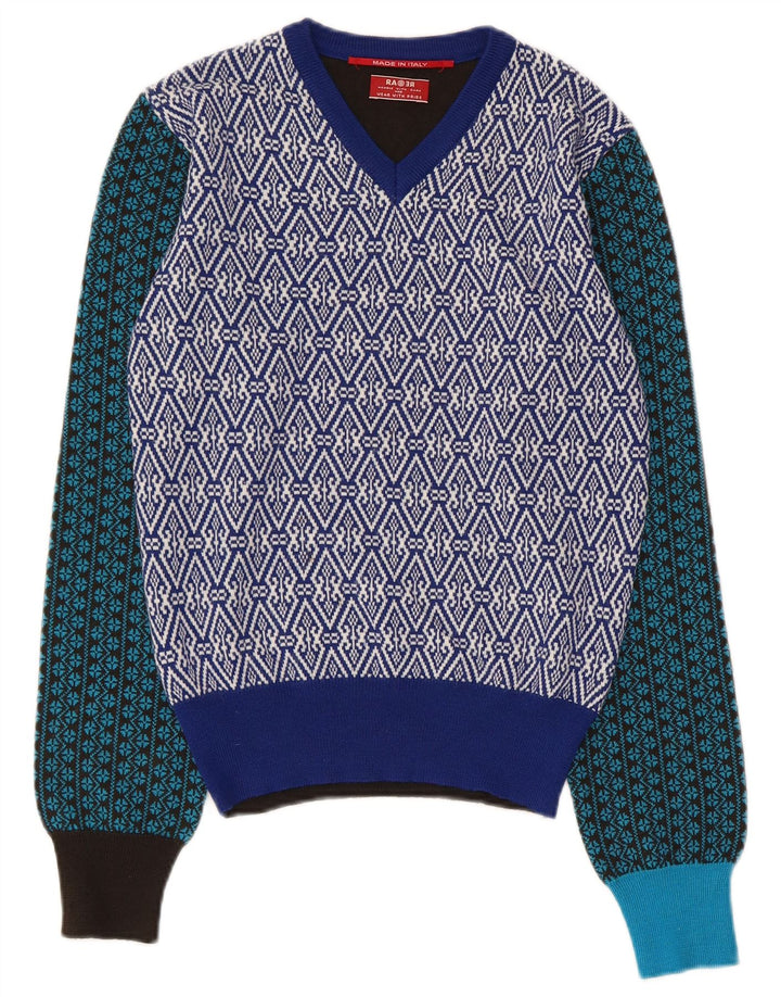 Suéter feminino vintage com decote em V UK 14 patchwork multicolorido médio