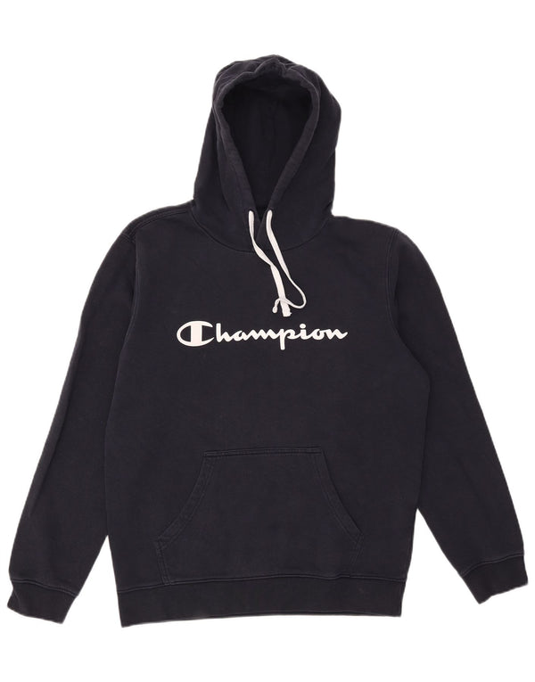 Champion Mens Graphic Hoodie Jumper Medium Navy Blue Cotton