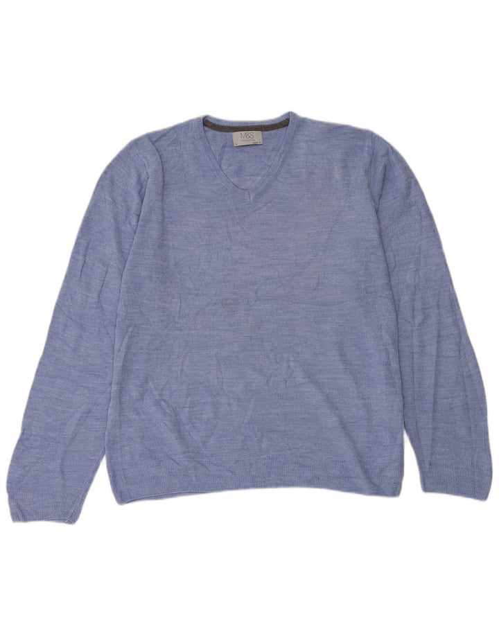 Suéter masculino Marks & SPENCER com ajuste regular e decote em V, acrílico azul médio