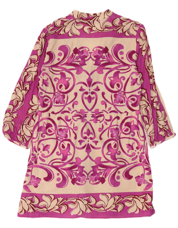 Vestido camisa feminino Zara manga 3/4 Reino Unido 12 linho floral rosa médio
