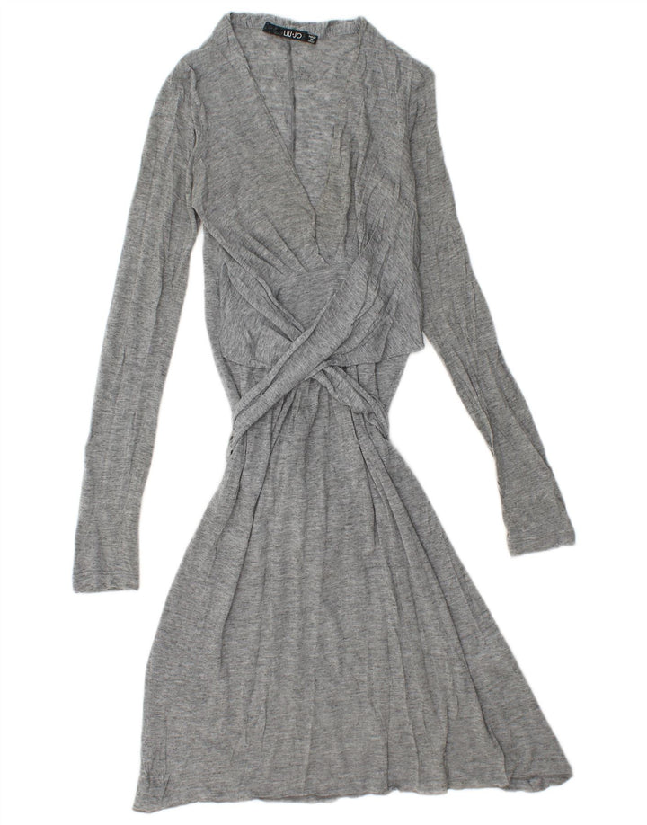 Liu Jo Vestido feminino com gravata frontal e manga comprida evasê IT 40 pequeno cinza manchado