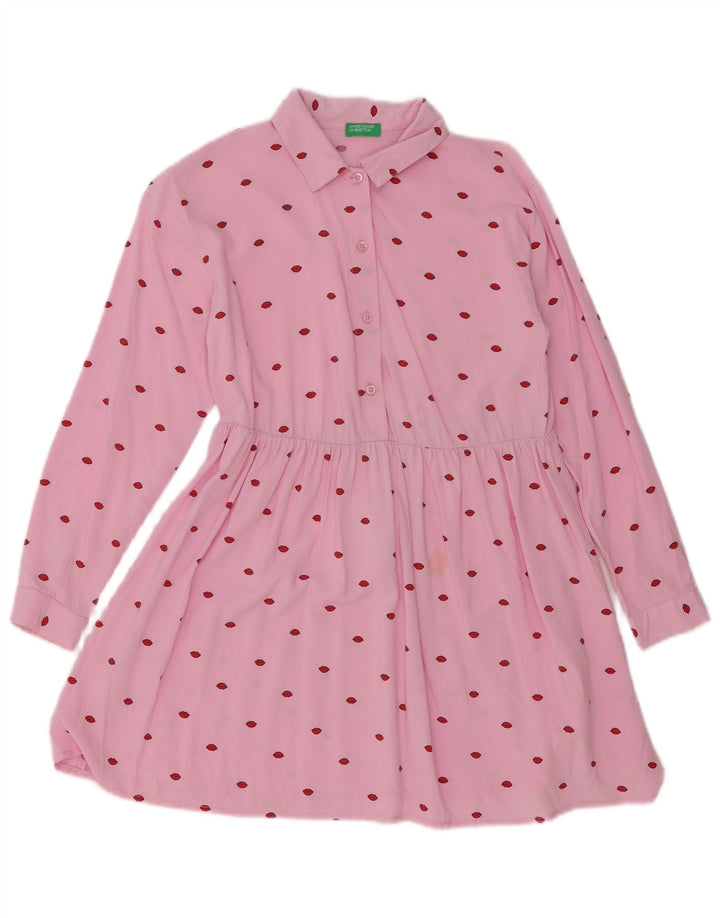 Vestido feminino Benetton com estampa abstrata de manga comprida evasê Reino Unido 10 pequeno rosa