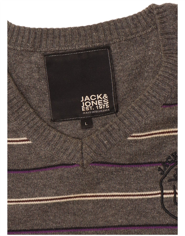 Jack & Jones Suéter masculino gráfico com decote em V grande listrado cinza