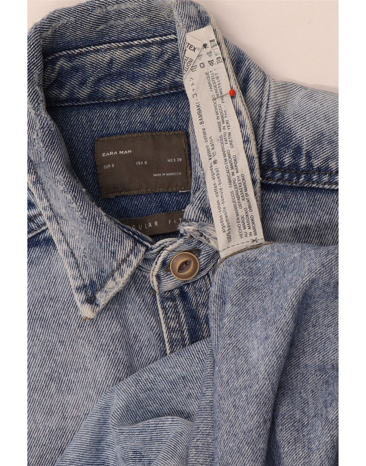 Camisa jeans masculina Zara Regular Fit pequena azul algodão