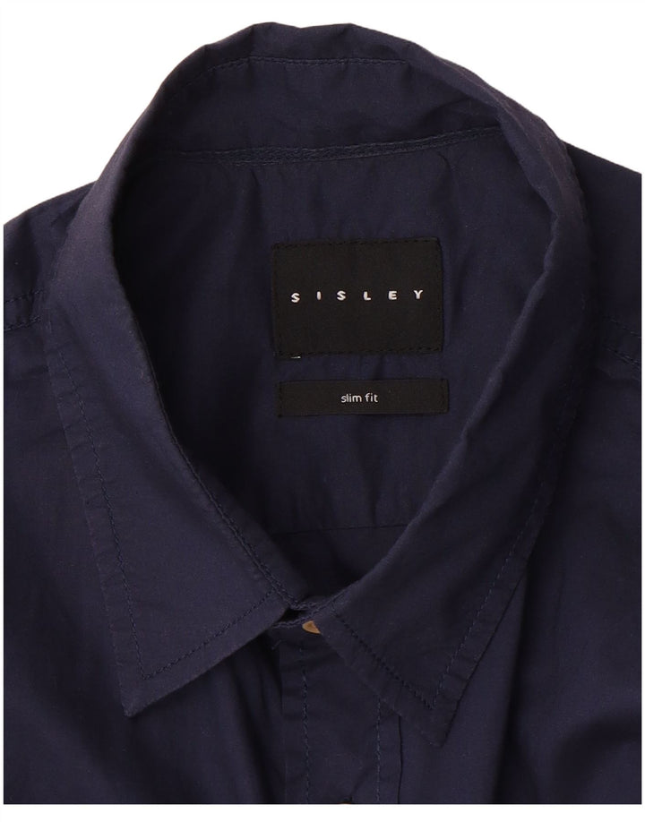 Camisa masculina Sisley de manga curta slim fit médio azul marinho