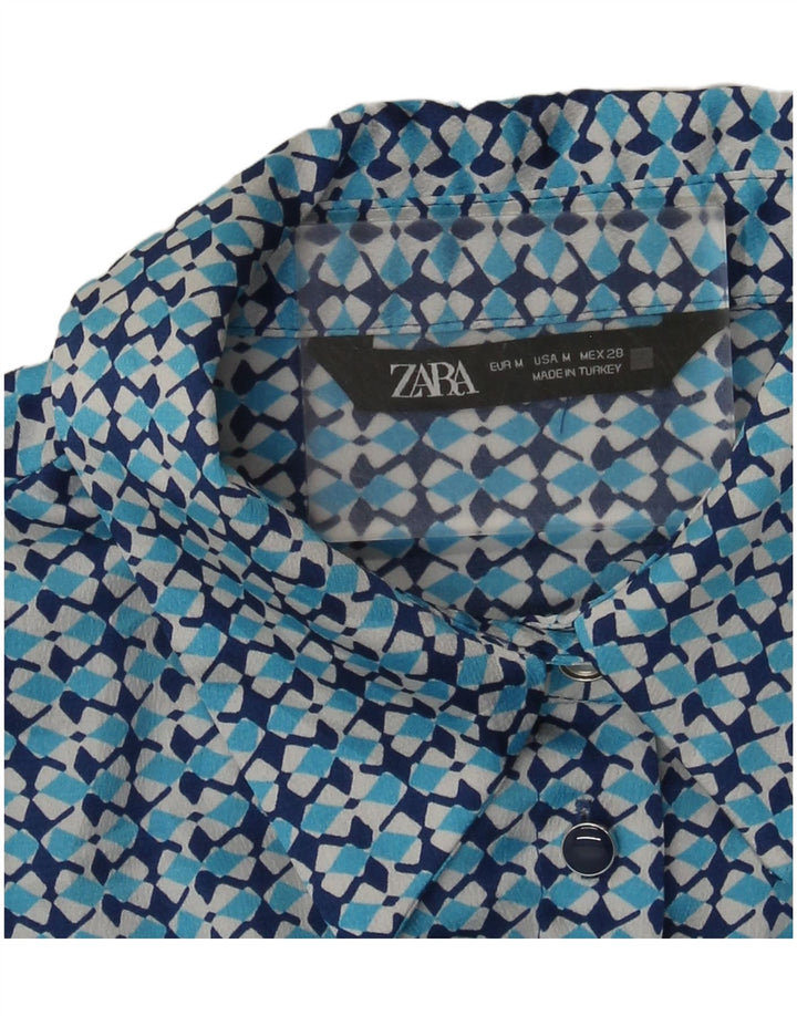 Zara Camisa Feminina UK 14 Médio Azul Geométrico
