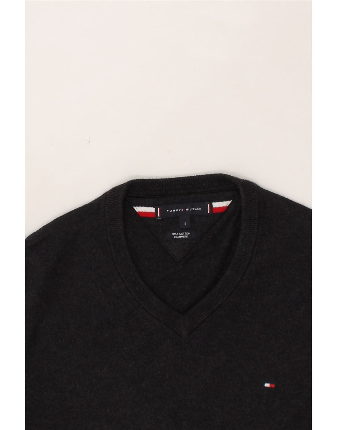 TOMMY HILFIGER Mens V-Neck Jumper Sweater Small Navy Blue Cotton Vintage Tommy Hilfiger and Second-Hand Tommy Hilfiger from Messina Hembry 
