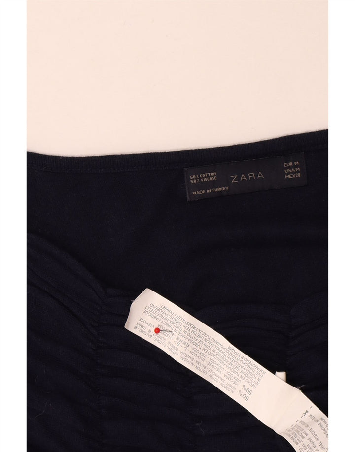 Top feminino Zara manga comprida UK 12 algodão azul marinho médio