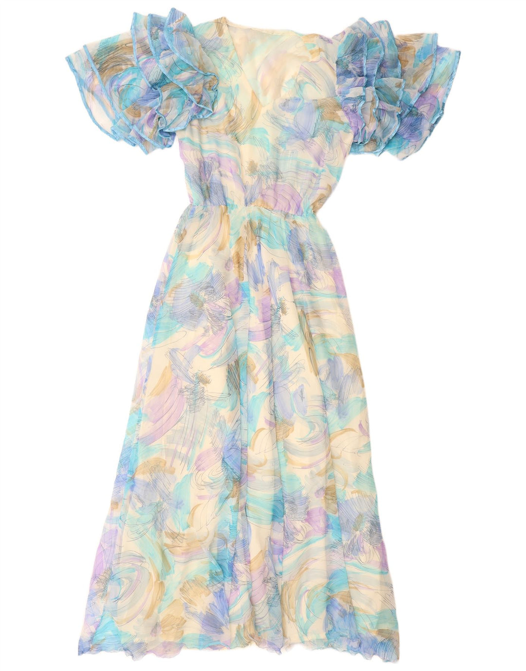 Vestido maxi feminino VINTAGE com padrão abstrato Reino Unido 12 azul médio