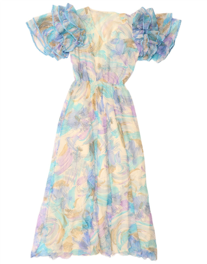Vestido maxi feminino VINTAGE com padrão abstrato Reino Unido 12 azul médio