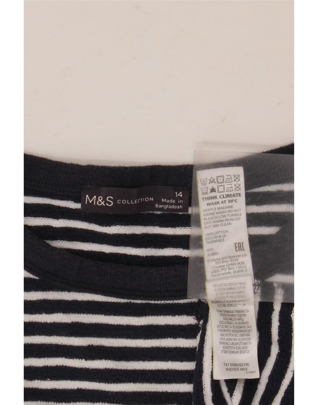 Top feminino MARKS & SPENCER manga comprida UK 14 grande listrado azul marinho