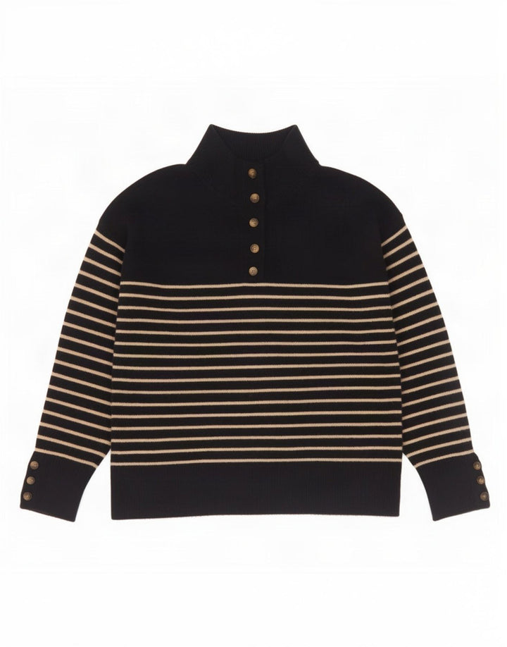Suéter feminino Zara com gola redonda e botão, Reino Unido 14, médio, azul marinho, listrado