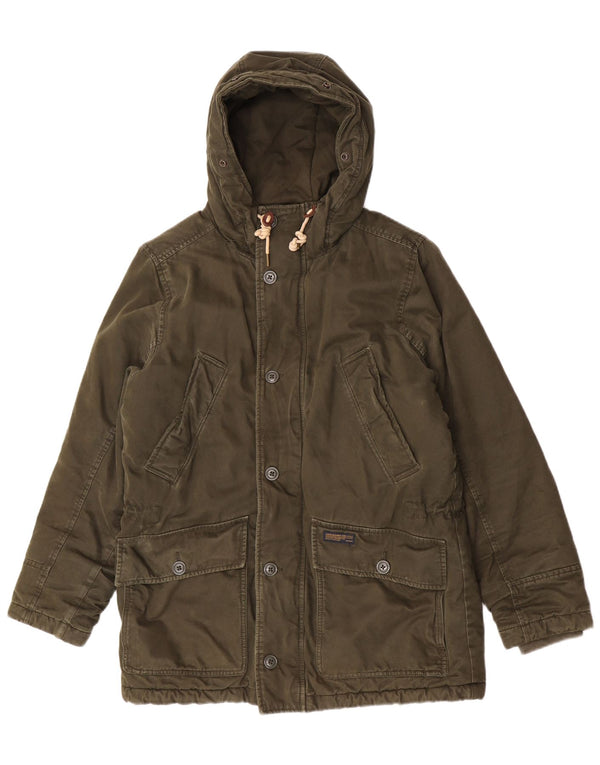 Jaqueta masculina Abercrombie & Fitch com capuz Sherpa Parka Reino Unido 36 pequena cáqui