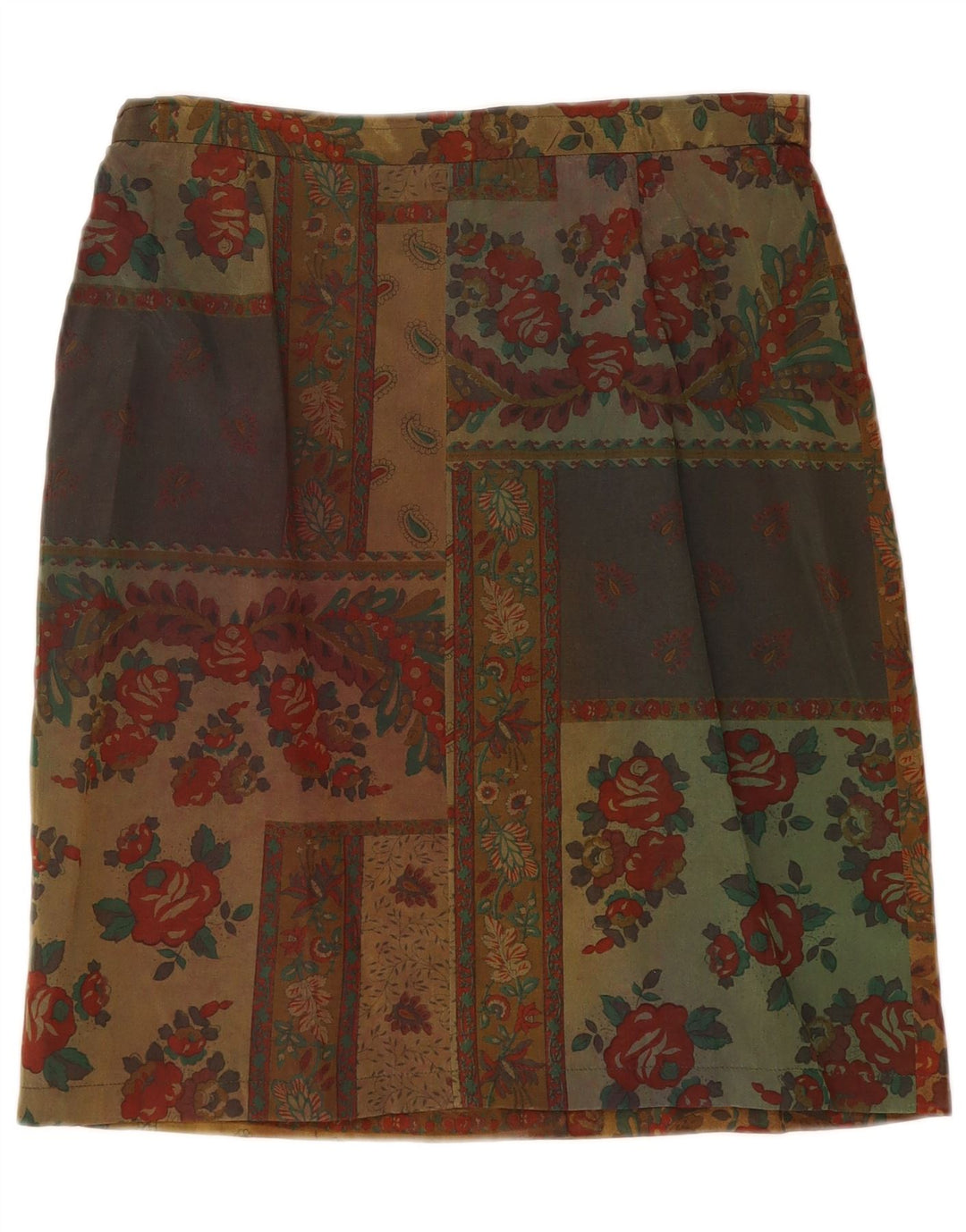 Saia midi feminina VINTAGE W32 grande patchwork cáqui
