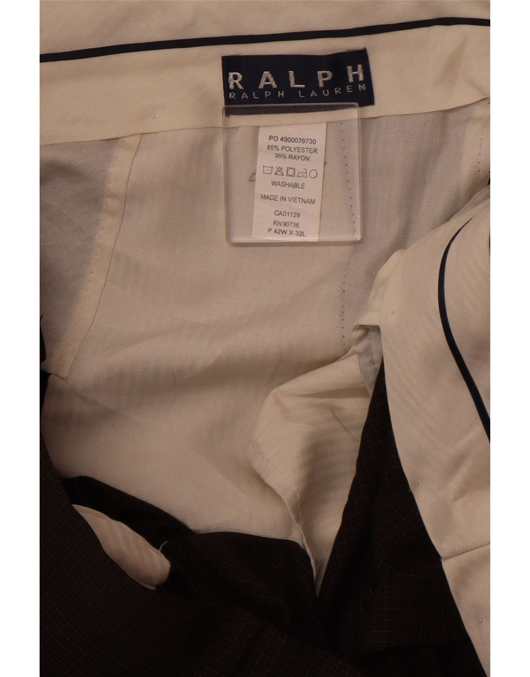 Ralph Lauren Calça masculina reta W42 L32 poliéster xadrez marrom