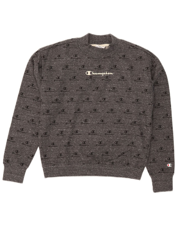 Champion feminino gráfico crop moletom jumper UK 10 pequeno cinza manchado