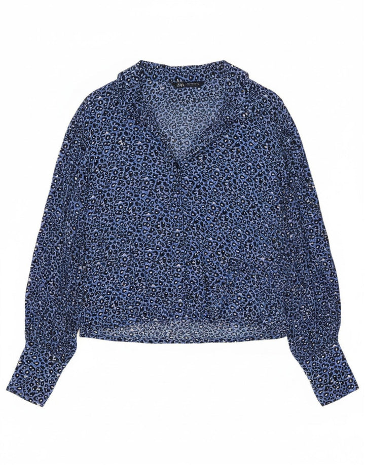 Camisa feminina Zara UK 14 azul médio estampa animal