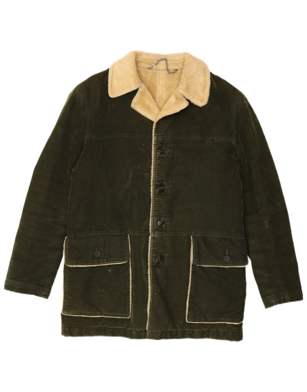 Sobretudo de lã Sherpa masculino vintage Reino Unido 38 bloco colorido verde médio