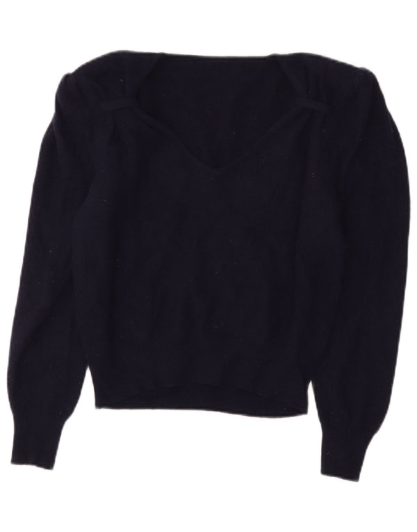 Suéter feminino vintage com decote em V IT 44 lã azul marinho médio