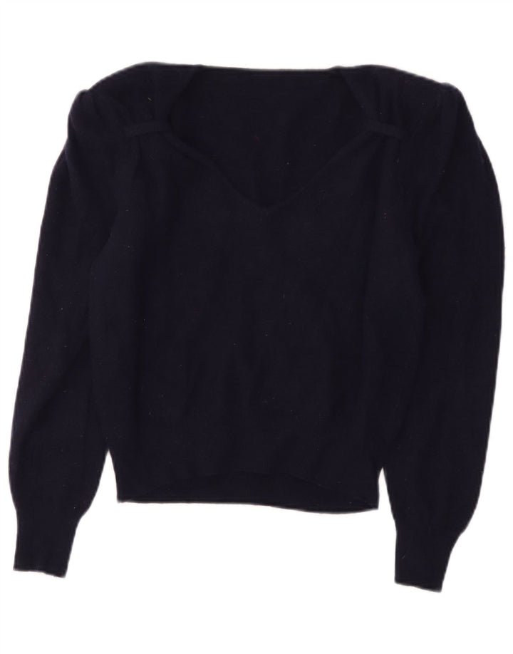 Suéter feminino vintage com decote em V IT 44 lã azul marinho médio