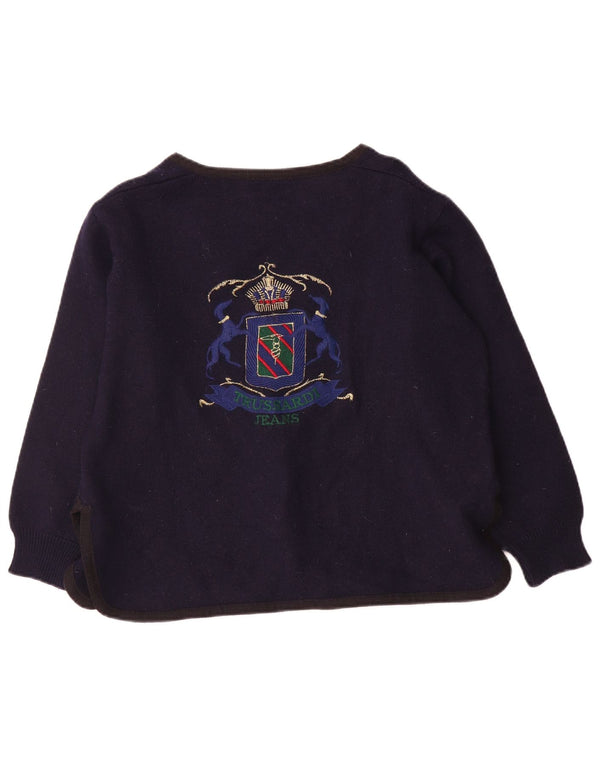 Trussardi Jeans Suéter cardigã feminino gráfico Reino Unido 16 grande azul marinho