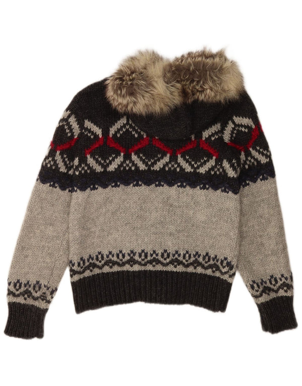 Suéter cardigã feminino com capuz Benetton UK 10 pequeno cinza Fair Isle Acrílico