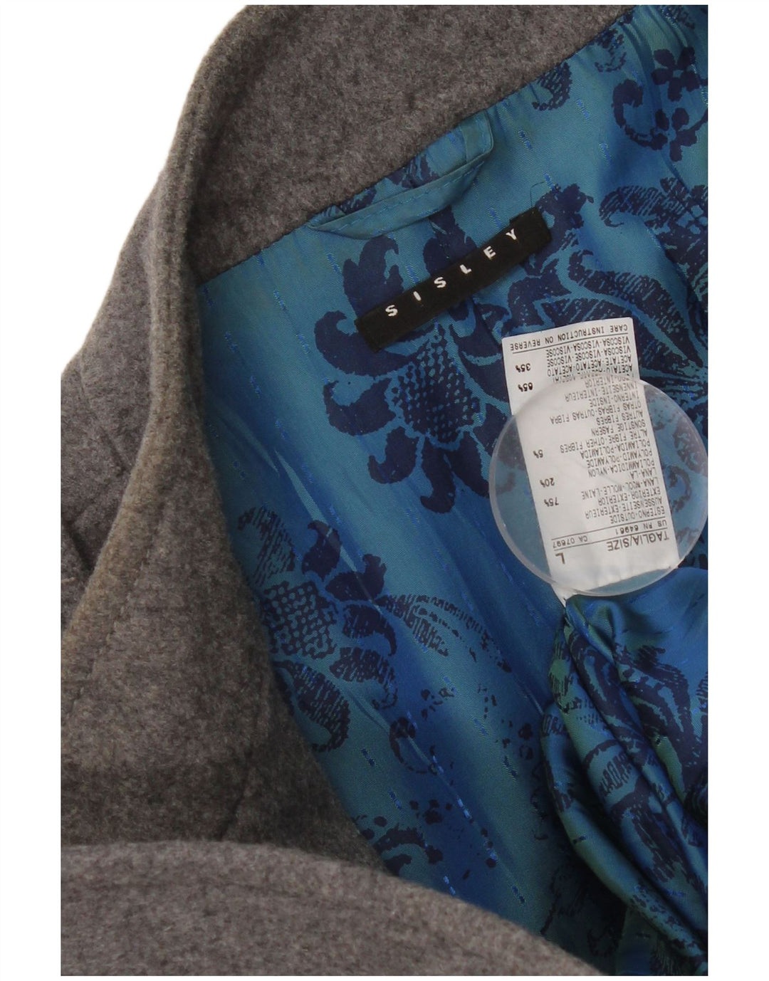 Casaco feminino Sisley militar duplo breasted Reino Unido 16 grande lã cinza