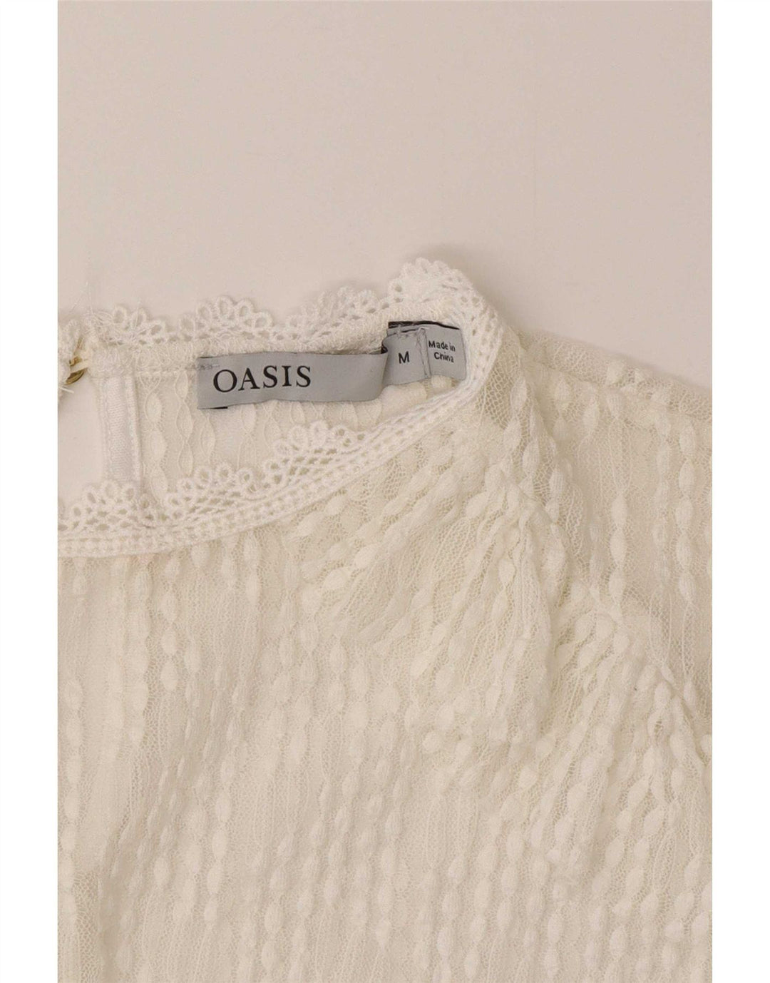 Top feminino Oasis de manga comprida com renda transparente Reino Unido 14 médio branco