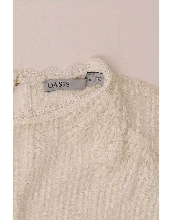 Top feminino Oasis de manga comprida com renda transparente Reino Unido 14 médio branco