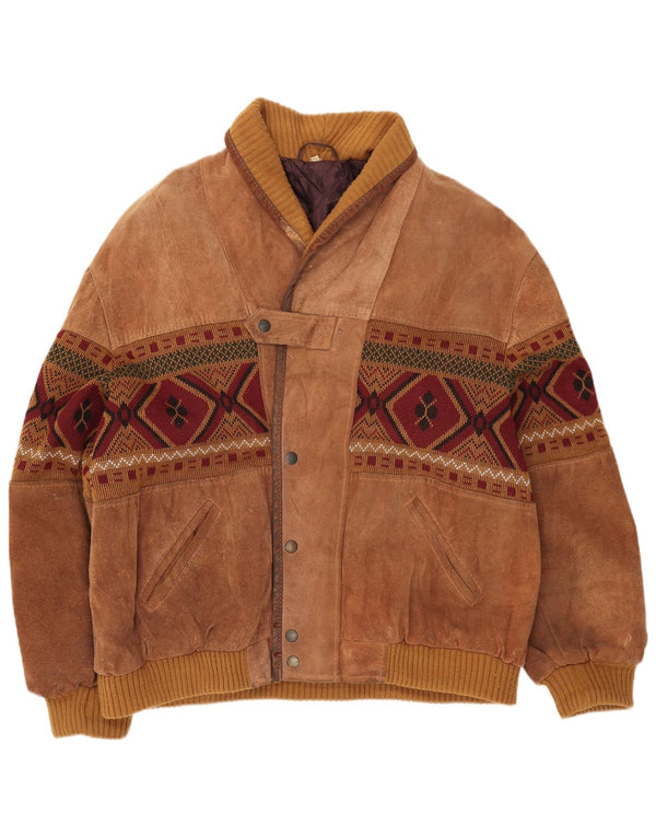 Jaqueta bomber masculina vintage de camurça UK 42 XL marrom geométrica