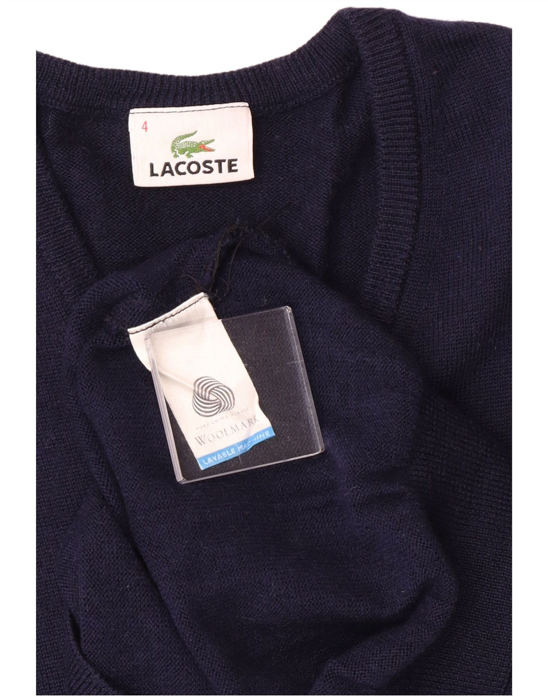 Suéter masculino Lacoste com decote em V tamanho 4 médio azul marinho lã