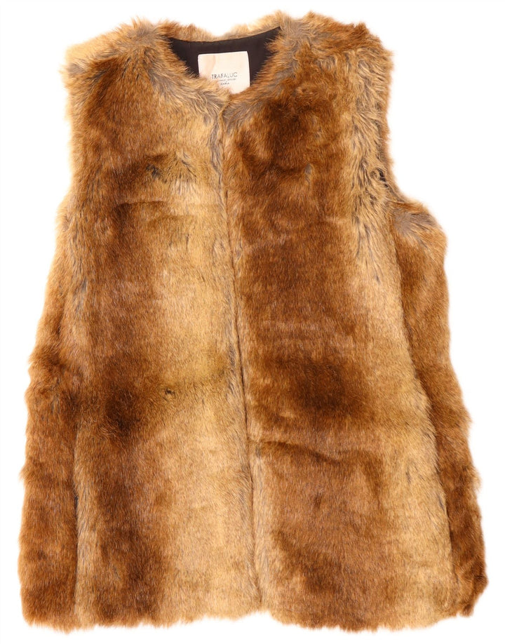 Zara Feminino Trafaluc Open Faux Fur Gilet UK 14 Médio Marrom Poliéster