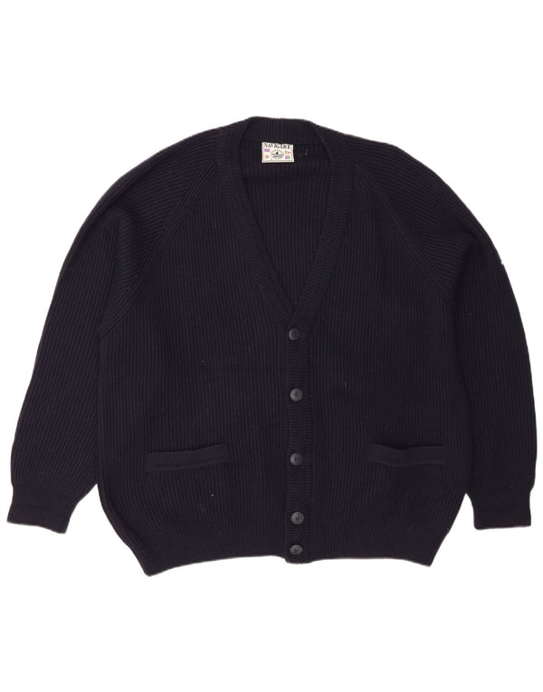 Navigare Suéter cardigã masculino de ajuste regular grande lã merino azul marinho