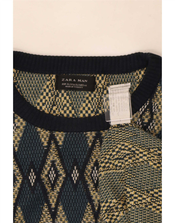 Zara Suéter masculino com gola redonda XL multicolorido Argyle/Diamante Acrílico