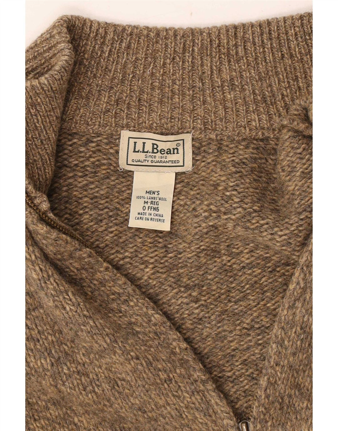 Suéter cardigã masculino com zíper completo L.L.Bean lã de cordeiro manchada bege médio