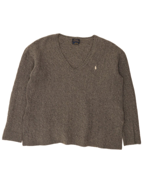 Suéter feminino Polo Ralph Lauren com decote em V Reino Unido 16 grande lã cinza