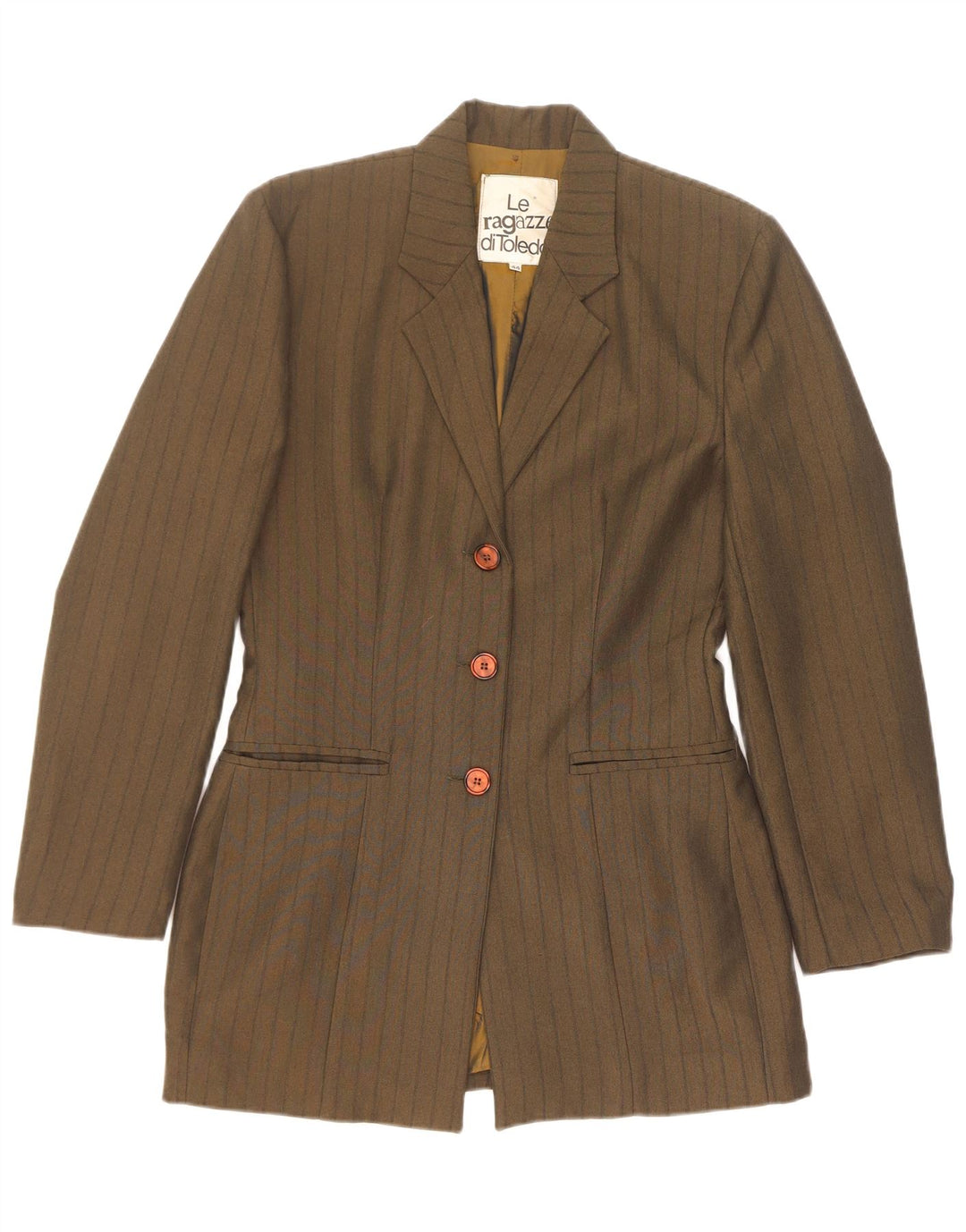 Jaqueta blazer feminina vintage com 3 botões IT 44 poliéster listrado cáqui médio