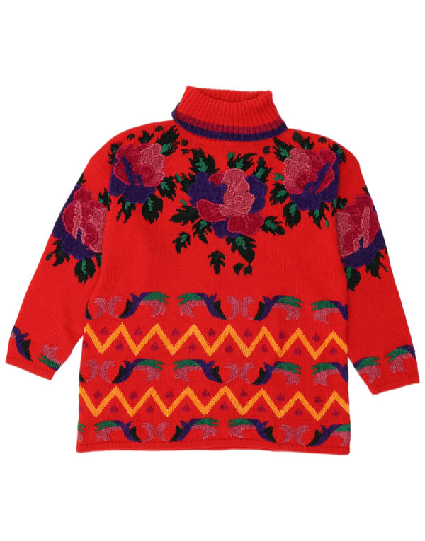 Suéter feminino vintage com gola redonda Reino Unido 18 XL vermelho floral poliacrílico
