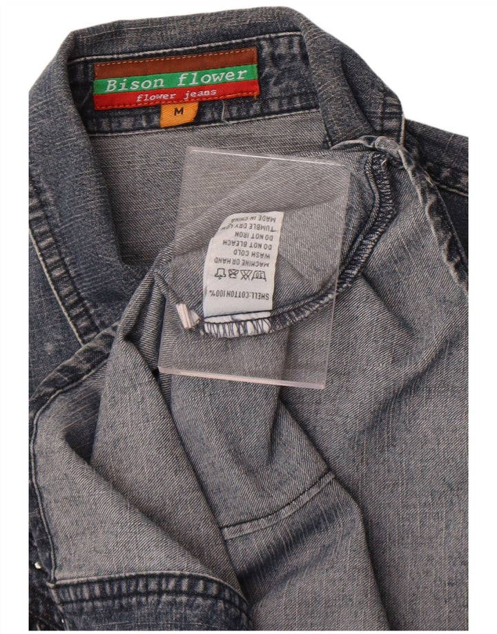 Camisa jeans feminina vintage Reino Unido 14 algodão cinza médio